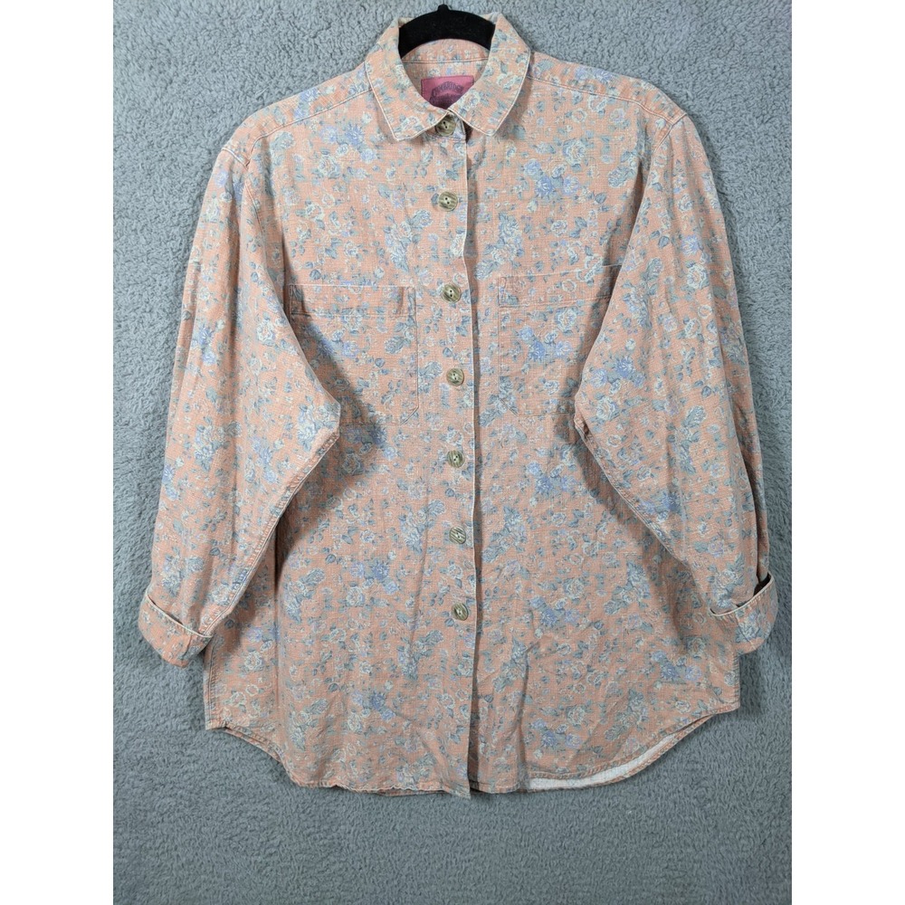 VTG Cambridge Country Store Linen Blend Top Women M Peach Floral Cottagecore 90s